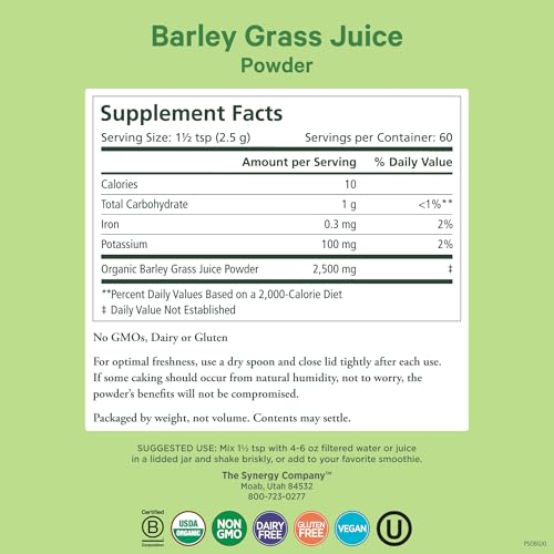 Organic Barley Grass Juice Powder | Chlorophyll-Rich Greens Powder | Organic Cold-Pressed Barley Grass Juice | for Energy, Detox, and Digestion Support (5.3 oz.)