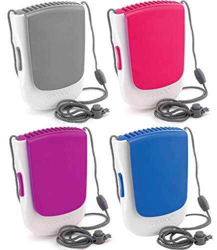 Deluxe Necklace Fan | Battery Powered, Hands-Free Personal Cooling Fan w/Adjustable Lanyard, Table Top Stand + Wearable Clip (Assorted Multi Color (4 Pack))