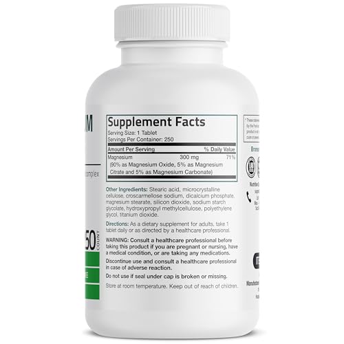 Triple Magnesium Complex Maximum Coverage 300 Mg Magnesium Oxide Magnesium Citrate Magnesium Carbonate, Non-GMO Formula, 250 Tablets