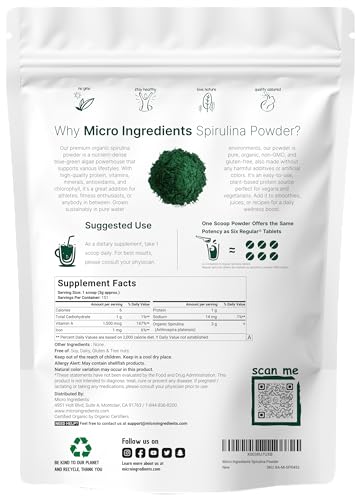 Organic Spirulina Powder, 16 Ounce, Raw Spirulina (Arthrospira Platensis), The Richest Sources of 70% Vegan Protein, Containers Minerals, Vitamins, Non-GMO & Non-Irradiation