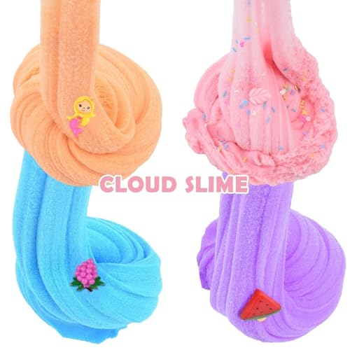12 Pack Cloud Christmas Slime Kit, with Peach Rainbow Cake Watermelon Grapes Slimes Charms, Fluffy Slime for Girls and Boys, Stress Relief Toy for Kids Education, Party Favor, Gift and Birthday