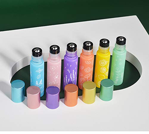 6 Pcs 10ml Glass Roll On Bottle,6 Colour Flower Type Matte Essential Oil Roller Bottle With Metal Roller Balls Perfume Travel Roll-On Vial with Aluminum Lids-Funnel&Pipette Include