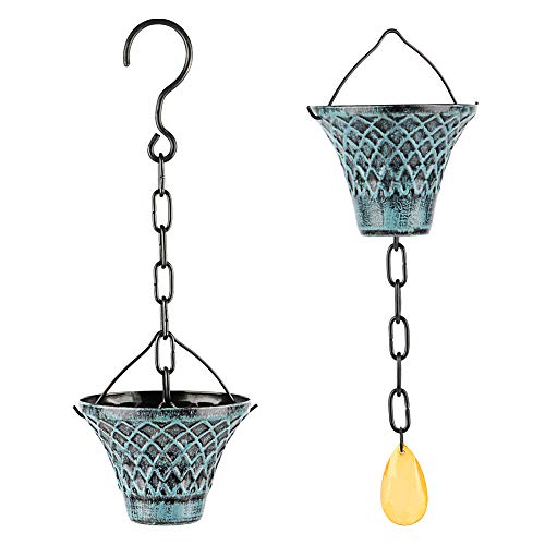 Rain Chains 8.5 Ft, Gutter Downspouts Diverter Outdoor Metal Copper Plaid Rainwater Extensions, 12 Cups