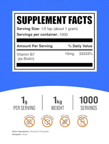 .com Biotin 10000mcg Powder - Biotin Powder, Biotin Supplement, Biotin Vitamins for Hair Skin and Nails - Gluten Free, 1000mg per Serving (10mg Biotin), 1kg (2.2 lbs)