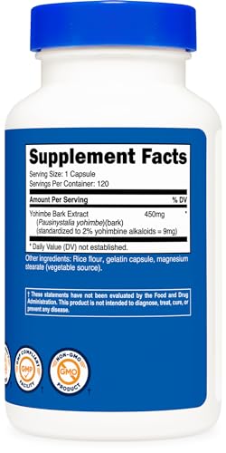 Yohimbe Bark Extract 450mg (9mg Yohimbine Alkaloids), 120 Capsules - Extra Strength, Gluten Free, Non-GMO