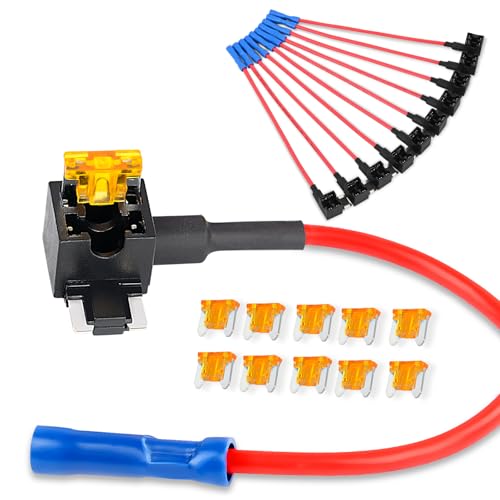 - 50038R 10 Pack 12V Car Add-a-circuit Fuse TAP Adapter with 5 Amp Low Profile Mini Blade Fuse Set for Cars Trucks Boats,Blue, Red, Black, Orange