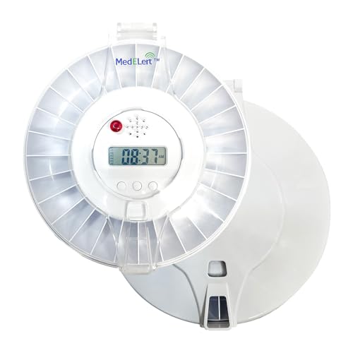 Premium Automatic Pill Dispenser for Elderly with Alarm | Secure Medication Dispenser 28 Sealed Compartments | Tamper-Resistant Automatic Pill Dispenser | FSA/HSA Eligible, Clear & Solid White Lids