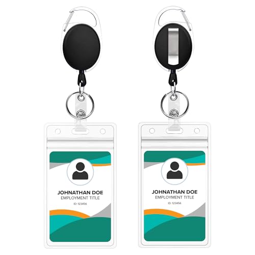 2 Pack ID Badge Holder with Clip Badge Reels Retractable Heavy Duty Clear Id Card Vertical Lanyard Holder with Carabiner Badge Reel with 24 inches Pull Cord