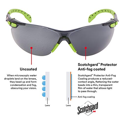 Safety Glasses, Solus 1000, S1202SGAF, ANSI Z87, Scotchgard Anti-Fog, Gray Lens, Green/Black Frame, Padded Temple, Soft Nosebridge, UV Protection, Premium Eye Protection