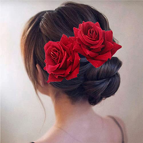 Rose Hair Clip Flowers Comb for Women Rose Flower Hairpin Hair Clips for Women Girls Burgundy Hair Accessories for Wedding Hair Side Comb for Brides Flower Hair Barrettes