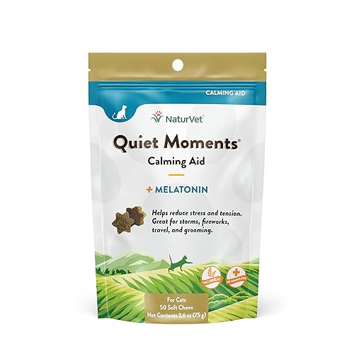 Quiet Moments Calming Aid Cat Supplement Plus Melatonin – Helps Reduce Stress in Cats – for Pet Storm Anxiety, Motion Sickness, Grooming, Separation, Travel – 50 Ct. Soft Chews