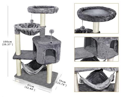 Cat Tree with Cat Condo and Big Hammock, Grey