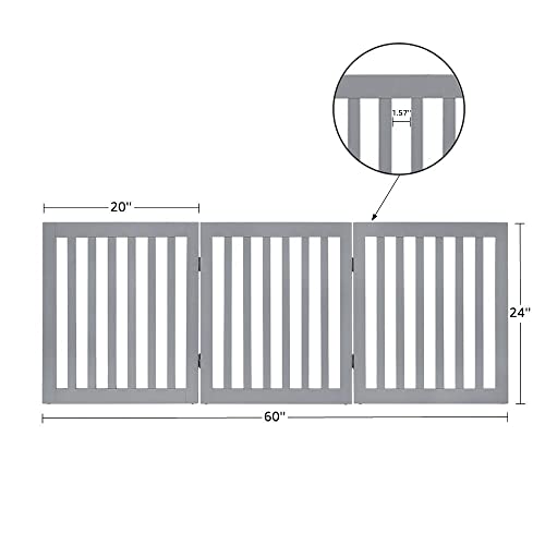 24”H Free Standing Pet Gate for Dog, Wooden Dog Gates for Doorway, Stairs, Step Over Foldable Pet Fence for The House, Expandable Dog Barrier, Indoor Use, Grey
