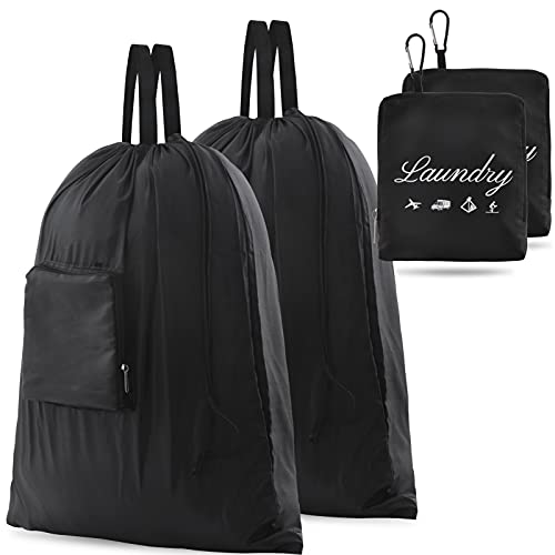 2 Pcs Travel Laundry Bag, Dirty Clothes Bag Upgraded with Handles and Aluminum Carabiner, Collapsible Laundry Bag for Travel, Camp, Fitness, and Students(Black) 24L x 21W