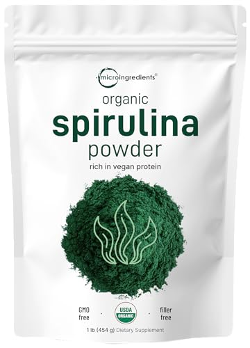 Organic Spirulina Powder, 16 Ounce, Raw Spirulina (Arthrospira Platensis), The Richest Sources of 70% Vegan Protein, Containers Minerals, Vitamins, Non-GMO & Non-Irradiation