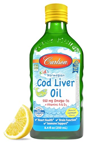- Kid's Cod Liver Oil, 550 mg Omega-3s, Vitamins A & D3, Wild Norwegian, Lemon, 250 mL