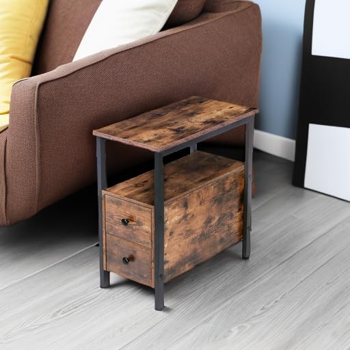 End Table, Narrow Chairside Table with Drawer and Open Storage Shelf, Nightstand for Small Spaces, Stable and Sturdy Construction, Wood Look Accent Furniture, Rustic Brown and Black BF548BZ01G2