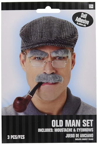 Gray Old Man Moustache & Eyebrows - 1 Set, Fits Most Teens and Adults - Perfect for Wacky Parties & Stage Performances