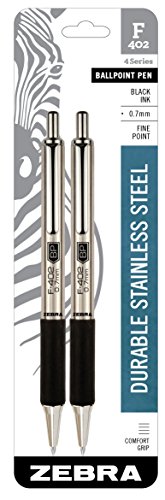 F-402 Retractable Ballpoint Pen, Stainless Steel Barrel, Fine Point, 0.7mm, Black Ink, 2-Pack