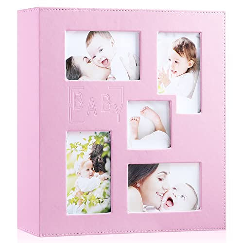 Baby Photo Album 4x6 500 Pocket Pictures, Leather Cover Newborn Shower Girl Bebe Album Holds 500 Horizontal Vertical Photos Pink