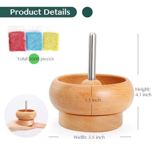 Bead Spinner for Jewelry Making, Effortless Rotating Wooden Clay Bead Spinner with 2 Big Eye Beading Needles and 3000 Seed Beads, Beading Supplies for Making Waist, Bracelets, Necklace