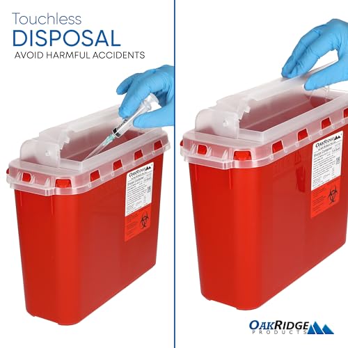 Oakridge Products Transparent Sharps Container for Home Use and Professional 5.4 Quart (2-Pack), Touchless Biohazard Needle and Syringe Disposal, Rotating Lid, CDC Certified