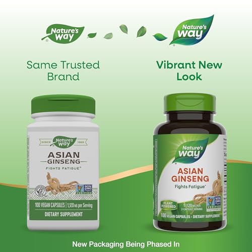 Nature's Way Asian Ginseng, Fights Fatigue*, 1,120mg Per 2-capsule Serving, Non-GMO Project Verified, Vegan, 100 Capsules (Packaging May Vary)