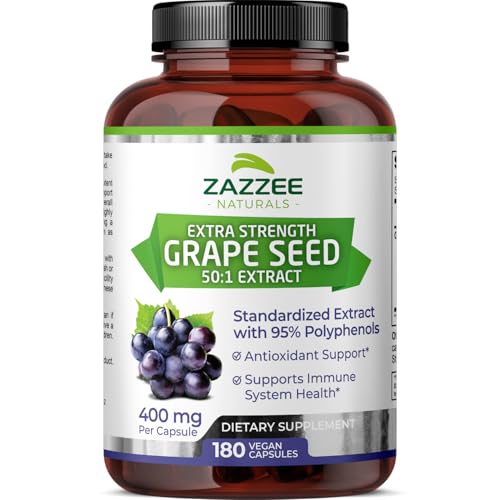 High Strength Grape Seed 50:1 Extract, 180 Vegan Capsules, 95% Polyphenols, 400 mg per Capsule, 6 Month Supply, Standardized and Concentrated 50X Extract, Non-GMO, Made in The USA