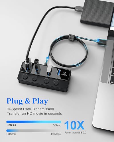 Qeefun 4-Port USB Hub 3.0, Individual LED Power Switches USB Extension 2ft USB Extender 5V/3A USB Adapter for Laptop, PC, USB Flash Drives, and More……