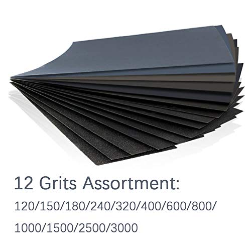 24PCS Sand Paper Variety Pack Sandpaper 12 Grits Assorted for Wood Metal Sanding, Wet Dry Sandpaper 120/150/180/240/320/400/600/800/1000/1500/2500/3000 Grit