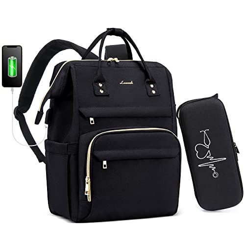 Nurse Backpack Laptop Backpack for Women with Stethoscope Case & USB Charging Port Anti Theft Travel Backpacks Doctor Bag Fits 15.6 Inch Laptop and Notebook, Black