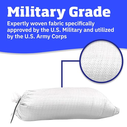 Heavy Duty Sand Bags with Tie Strings Empty Woven Polypropylene Sand-Bags for Flood Control with 1600 Hours of UV Protection, 50 lbs Capacity, 14x26 inches, White, Pack of 10