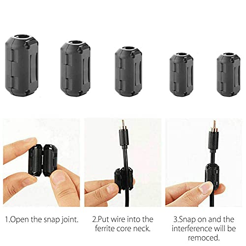 Ceedmon 20 Pieces Clip-on Ferrite Ring Core RFI EMI Noise Suppressor Cable Clip for 3mm/5mm/7mm/9mm/13mm Diameter Cable, Black