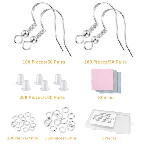 925 Sterling Silver Earring Hooks 200 PCS, Hypoallergenic Earring Hooks for Jewelry Making, Fish Hook Earrings Making Kit, DIY Earring Findings Jewelry Making Supplies, with 200 PCS Earring Backs