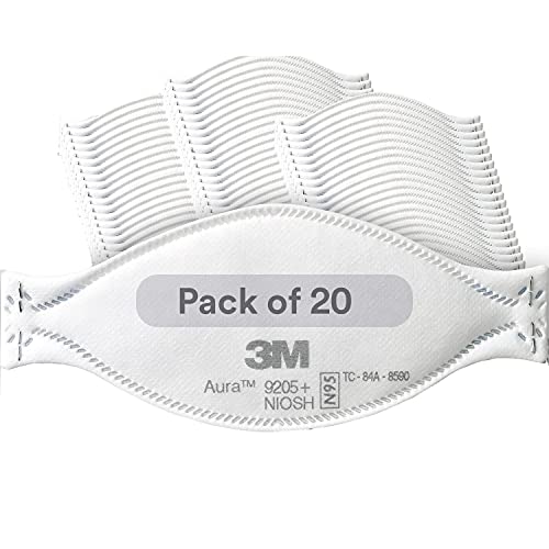 Aura Particulate Respirator 9205+, N95, Pack of 20 Disposable Respirators, Individually Wrapped, 3 Panel Flat Fold Design Allows for Facial Movements, Comfortable, NIOSH Approved, Smoke
