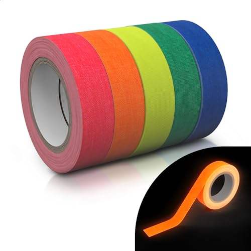 Black Light Tape 16.4ft – 5 Pcs Glow in The Dark Gaffer Tape Fluorescent Duct Tape intas Neon UV Tape Glow in The Dark Tape Neon Tape Neon Tape Duck Tape Glow Gaff Tape Neon Masking Tape Gaff Tape
