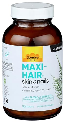 Maxi-Hair Supplement - 2000mcg Biotin & Vitamins for Hair, Skin & Nails - Certified Gluten-Free & Vegetarian - Supports Hair Growth, 90 Tablets