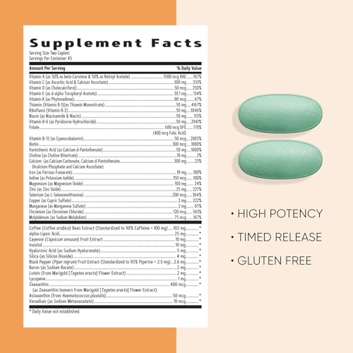 Women’s Energy and Metabolism Multivitamin Caplets, Clinically Proven, Calorie Burn, Focus, 100mg Caffeine, Active Nutrition, Immune, Bone, Beauty, Iron, Biotin, Timed Release, 90 ct