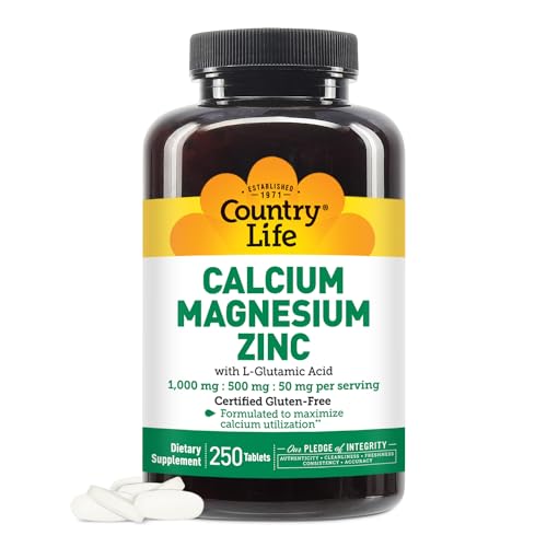 Calcium Magnesium Zinc with Vitamin D3 and L-Glutamic Acid, Dietary Supplement for Bone Support, Certified Gluten Free, 1000mg/500mg/50mg, 250 Tablets