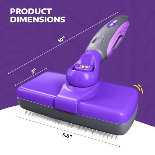 Self Cleaning Slicker Brush for Dogs and Cats - Pet Hair Brush for Shedding Long and Short Hair - Easy Clean Retractable Bristles - Cat and Dog Grooming Tool - Purple