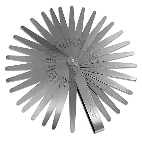 Feeler Gauges 0.001-0.04 (0.03-1.00mm) 32 Blades Tapered Feeler Gauge Set Stainless Steel Dual Marked SAE and Metric for Measuring Gap Thickness or Width for Spark Plug, Valve, Piston, Guitar