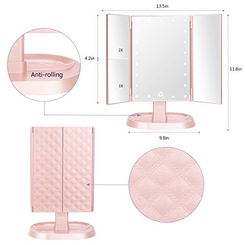 Trifold Lighted Vanity Makeup Mirror with 21 LED Lights,1x/2x/3x Magnification and Touch Screen Dimming,Two Power Supplies Makeup Mirror, Gift for Women
