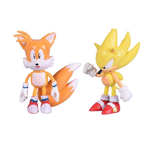 Set of 6pcs Sonic The Hedgehog Action Figures, 5-7cm Tall Cake Toppers- Classic Sonic, Amy, Super Sonic, Tails, Metal Sonic, and Knuckles