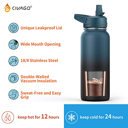 32 oz Insulated Water Bottle With Straw, Stainless Steel Sports Water Cup Flask with 3 Lids (Straw, Spout and Handle Lid), Wide Mouth Travel Thermal Mug, Black