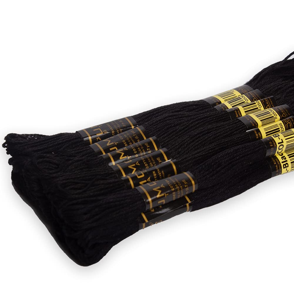 12 Pieces Black Colour Premium Embroidery Thread | 100% Egyptian Cotton Premium Skeins | Cross Stitch Embroidery Floss | Oeko TEX Certified Stranded Cotton (Black)