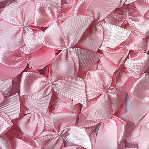60pcs Mini Satin Ribbon Bows Flowers 1 x3/4 Appliques DIY Craft Pink Color