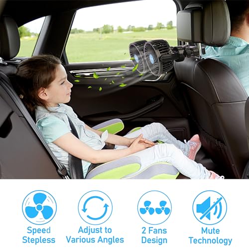 Car Fan, Cool Gadgets 12v Fan for Rear Seat Passenger Portable 4'' Headrest 360° Rotatable Backseat Cooling Air with Stepless Speed Regulation Vehicles, SUV, RV, Boat