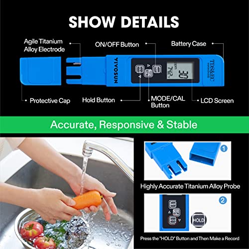 TDS Tester 3-in-1 TDS EC & Temperature Meter Ultrahigh Accuracy Digital Water Quality TDS Tester (Blue)