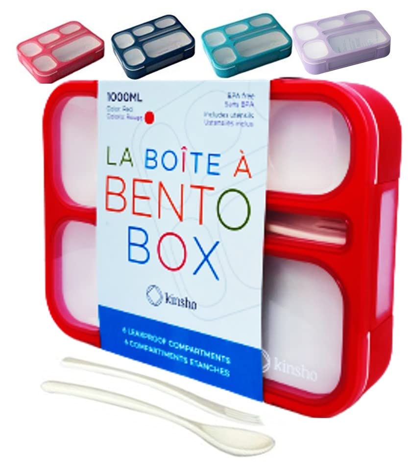Bento Box Kids Lunch-Box, Snack Containers for Toddler Daycare, Leakproof School Bentobox 6 Compartment Container for Boys Girls Adults Lunches, Utensils, Red
