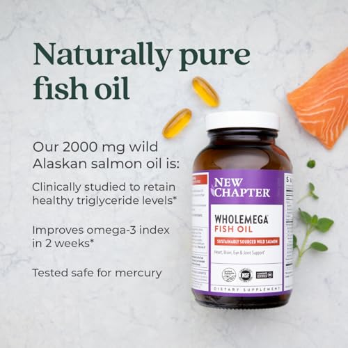 Wholemega Fish Oil Supplement - Wild Alaskan Salmon Oil with Omega-3 + Vitamin D3 + Astaxanthin + Sustainably Caught - 120 ct, 1000mg Softgels